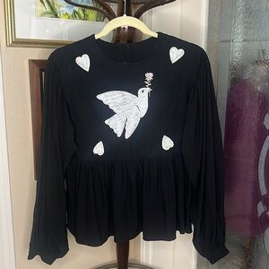 Bliss and Mischief- EUC embroidered dove and hearts blouse